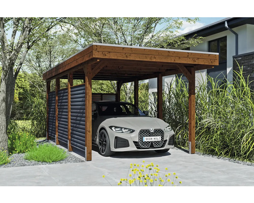 Prístrešok na auto SKAN HOLZ Friesland-Hybrid vr. hliníkové zadné/bočné steny, antracitové kotiev, 314 x 555 cm Orech Drevený prístrešok pre auto s autom na pozemku.