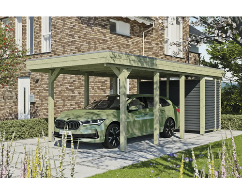 Prístrešok pre auto s kôlňou na náradie vedľa rodinného domu s autom