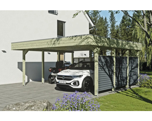 Prístrešok na auto dvojitý SKAN HOLZ Friesland-Hybrid vrátane zadných/bočných stien, hliník, stĺpikové kotvy, 557 x 555 cm tlakovo upravený Drevený prístrešok pre auto s autom a skútrom