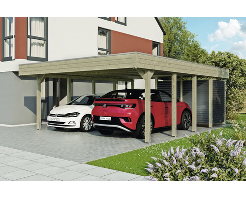 Dvojitý drevený prístrešok pre auto s dvoma zaparkovanými autami