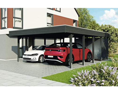 Prístrešok pre auto s dvoma zaparkovanými autami pred domom