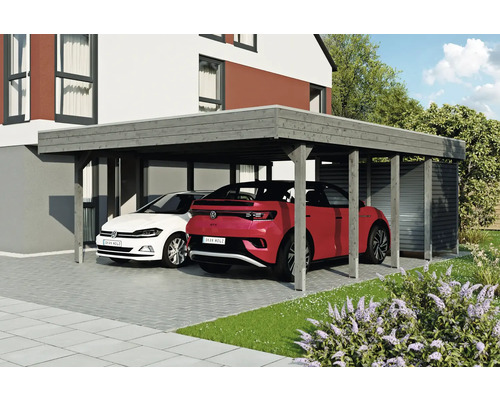 Prístrešok na auto dvojitý SKAN HOLZ Friesland-Hybrid vrátane hliníkového úložného priestoru, stĺpikové kotvy 557 x 708 cm bridlice Drevený prístrešok pre auto s dvoma zaparkovanými autami