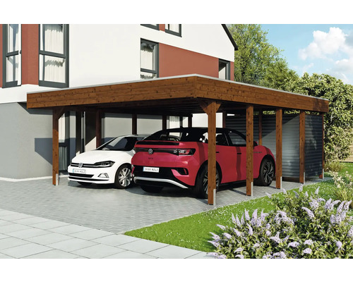 Prístrešok na auto dvojitý SKAN HOLZ Friesland-Hybrid vrátane hliníkového úložného priestoru, úchytov pre stĺpiky, 557 x 708 cm orech Drevený prístrešok pre auto s dvoma zaparkovanými autami