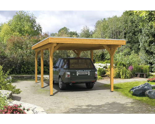 Prístrešok na auto SKAN HOLZ Spessart vr. stĺpikových kotiev, 355 x 604 cm, svetlý dub Jednoduchý drevený prístrešok pre auto s autom v záhrade