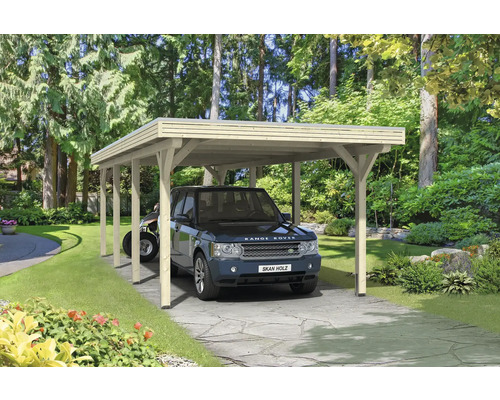 Prístrešok na auto SKAN HOLZ Spessart vr. kotiev na stĺpiky, 355 x 846 cm, prírodná Prístrešok pre auto s autom a štvorkolkou v záhrade