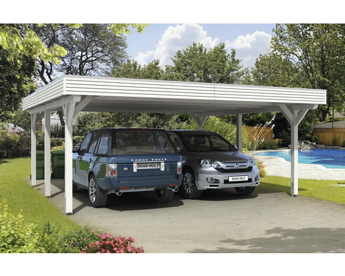 Prístrešok na auto dvojitý SKAN HOLZ Spessart vrátane stĺpikových kotiev, 611 x 604 cm biela Drevený dvojitý prístrešok pre autá s dvoma parkujúcimi autami