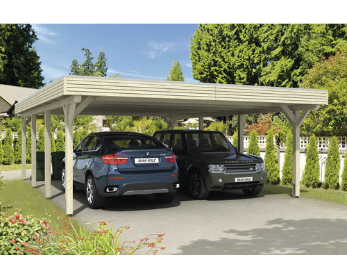 Dvojitý drevený prístrešok pre auto s dvoma zaparkovanými autami