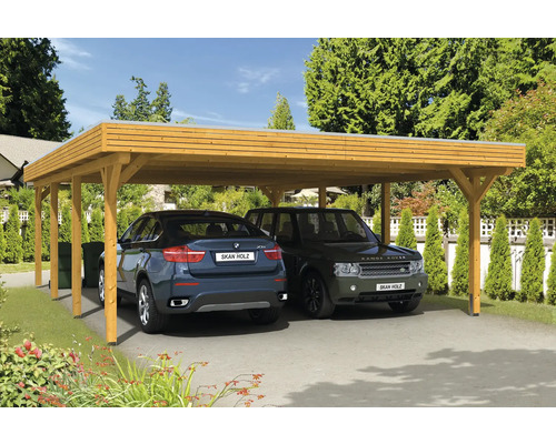 Prístrešok na auto dvojitý SKAN HOLZ Spessart vrátane stĺpikových kotiev, 611 x 846 cm svetlý dub Dvojitý drevený prístrešok pre auto s dvoma zaparkovanými autami