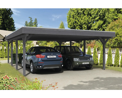 Prístrešok na auto dvojitý SKAN HOLZ Spessart vrátane stĺpikových kotiev, 611 x 846 cm bridlice Drevený dvojitý prístrešok pre autá s dvoma zaparkovanými autami