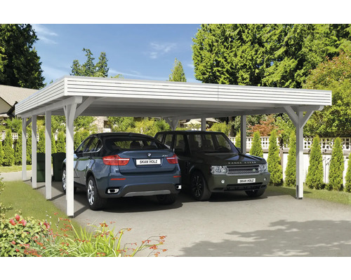 Drevený dvojitý prístrešok pre auto s dvoma zaparkovanými autami