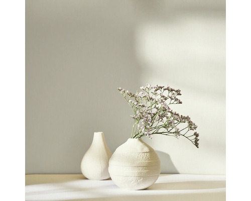 Dve biele vázy, jedna so sušenými kvetmi, na svetlom pozadí.