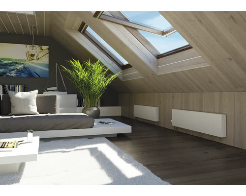 Svetlá podkrovná izba so strešnými oknami, pohovkou, radiátormi a izbovou rastlinou.