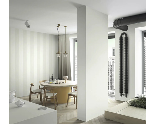 Svetlá izba s jedálenským stolom, stoličkami a čiernym radiátorom