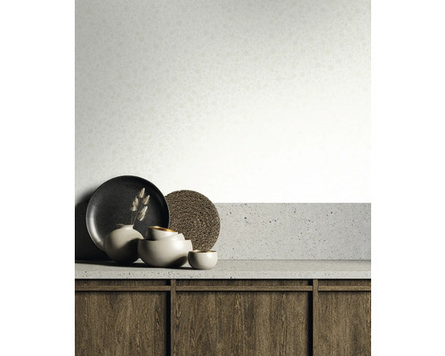 Dekoratívny riad na betónovej pracovnej doske pred stenou