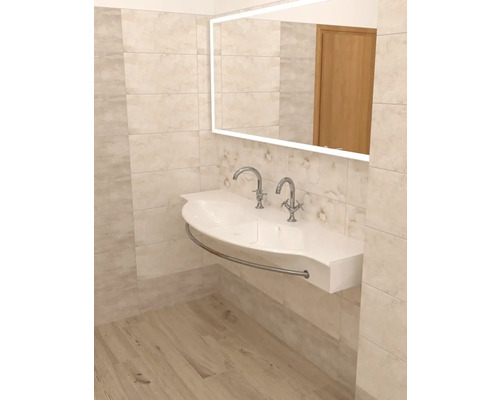 Moderná kúpeľňa s dvojitým umývadlom, osvetleným zrkadlom a svetlým obkladom.