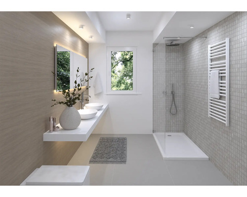 Moderná kúpeľňa s umývadlami, zrkadlom, sprchou a radiátorom