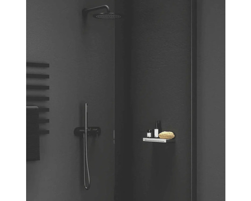 Tmavá kúpeľňa s dažďovou sprchou, ručnou sprchou, ohrievačom uterákov a poličkou
