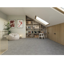 Svetlá podkrovná izba s knižnicou, strešným oknom, šatníkovou skriňou a sedacím vakom.