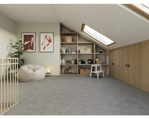 Svetlá podkrovná izba s knižnicou, strešným oknom, šatníkovou skriňou a sedacím vakom.