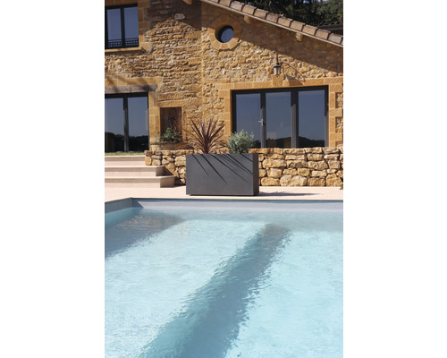 Kamenný dom s bazénom a osadeným kvetináčom v záhrade.