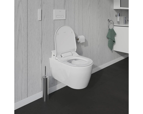 Scéna kúpeľne s nástenným sprchovacím záchodom, diaľkovým ovládaním, ovládacou doskou, držiakom toaletného papiera, WC kefou a umývadlom