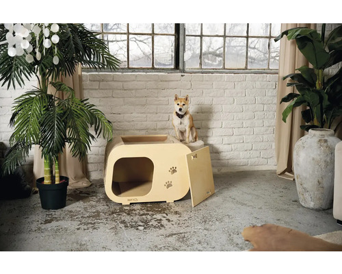 Pes sedí na domčeku pre zvieratá s dizajnom odtlačku labky v obývacej izbe