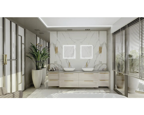 Svetlá kúpeľňa s dvojitým umývadlom, zrkadlami s osvetlením a rastlinami