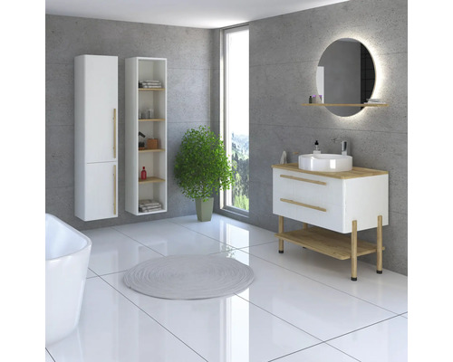 Kúpeľňa s umývadlom, zrkadlom, skrinkou, regálom a rastlinou