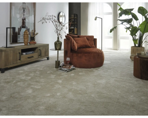 Svetlá obývacia izba s kobercom, kreslom, stolom a rastlinou