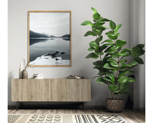 Obývacia izba s drevenou skriňou, zarámovaným obrázkom krajiny a izbovou rastlinou v kvetináči.