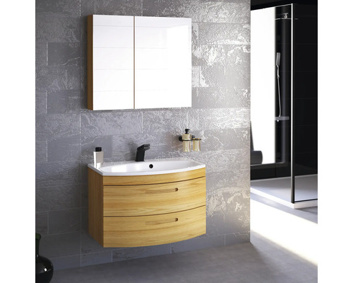 Moderný interiér kúpeľne s umývadlovou skrinkou, zrkadlovou skrinkou a sprchou.