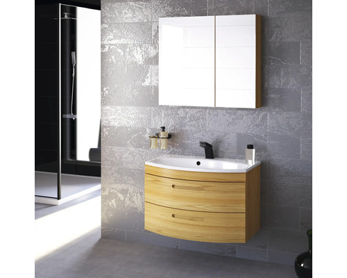 Kúpeľňová scéna s umývadlovou skrinkou, umývadlom, zrkadlovou skrinkou a sprchou