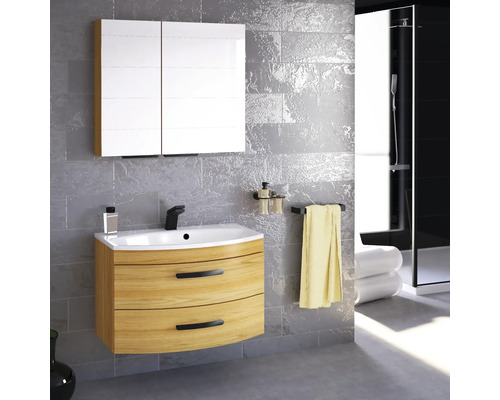 Kúpeľňa s umývadlovou skrinkou, umývadlom a zrkadlovou skrinkou