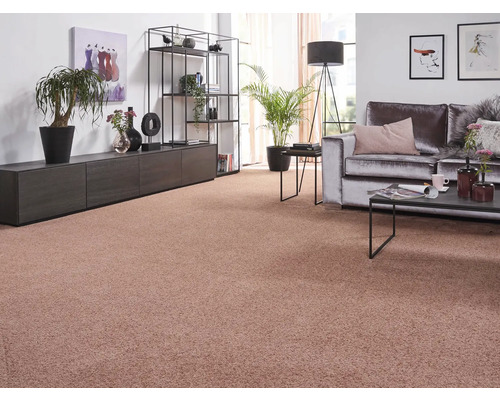 Obývacia izba s kobercom, pohovkou, regálmi a dekoráciou