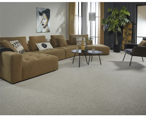 Obývacia izba s pohovkou, stolom, kreslom, izbovou rastlinou a kobercom