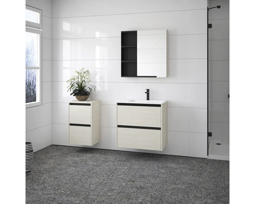 Svetlá kúpeľňa s umývadlovou skrinkou, zrkadlovou skrinkou a sprchovacím kútom