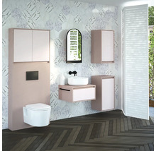 Kúpeľňa s umývadlom, zrkadlovou skrinkou, závesným WC a drevenou podlahou