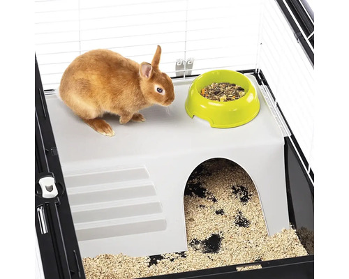 Malý králik v klietke s miskou na krmivo a úkrytom