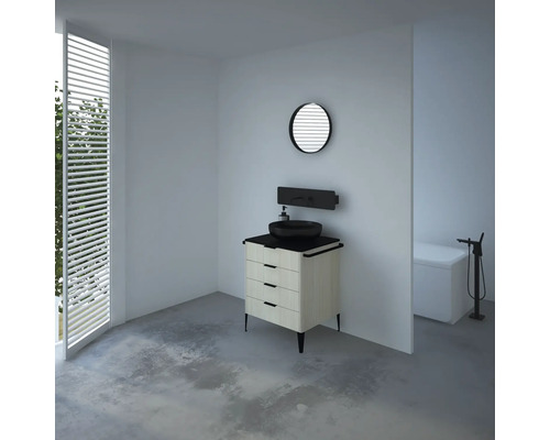 Svetlá kúpeľňa s umývadlovou skrinkou, umývadlom na dosku a okrúhlym zrkadlom