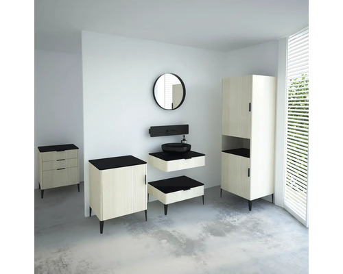 Moderný kúpeľňový komplet s umývadlom, spodnou skrinkou, zrkadlovou skrinkou a vysokou skrinkou