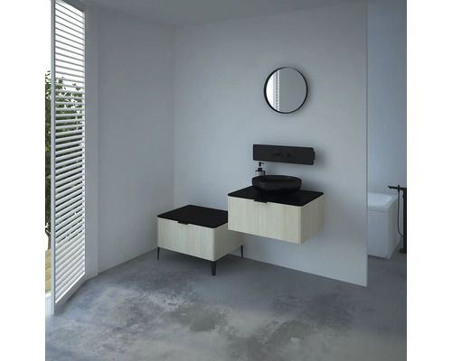 Moderná kúpeľňa s umývadlom, umývadlovou misou a okrúhlym zrkadlom