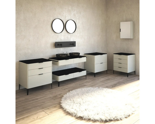 Kúpeľňový set s umývadlami, spodnými skrinkami, zrkadlami a kobercom