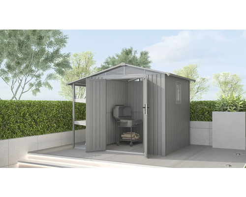 Kovová kôlňa na náradie s grilom a policou v záhrade