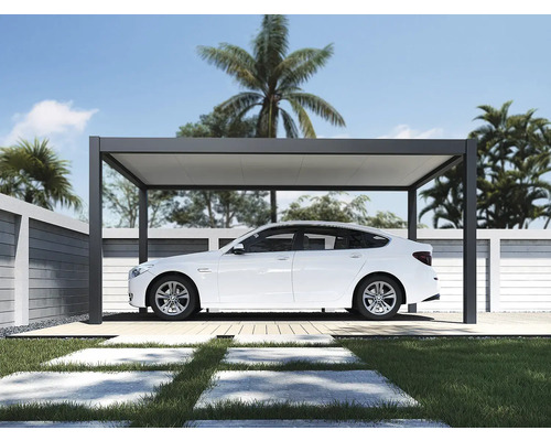 Moderný prístrešok pre auto s autom v záhrade