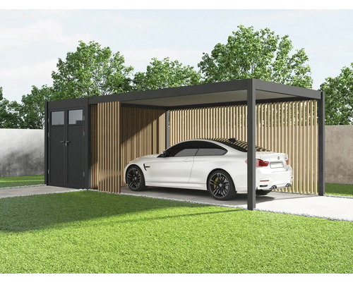 Prístrešok pre auto s kôlňou na náradie a autom vonku.