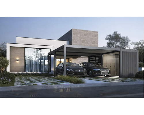 Moderný dom s prístreškom pre auto a dvoma zaparkovanými autami.