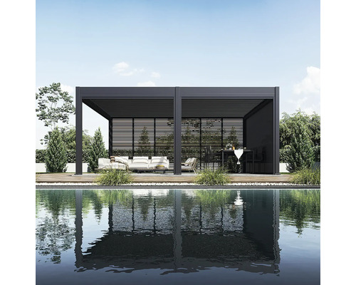 Moderná pergola so záhradným nábytkom a bazénom