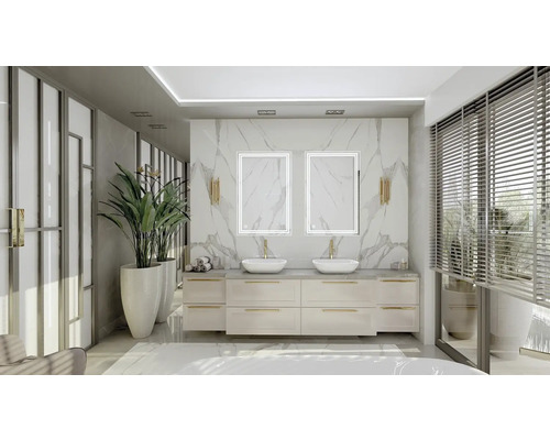 Svetlá kúpeľňa s dvojitým umývadlom, zrkadlami s osvetlením a rastlinami