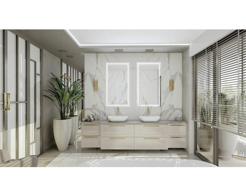 Svetlá kúpeľňa s dvojitým umývadlom, zrkadlami a rastlinami