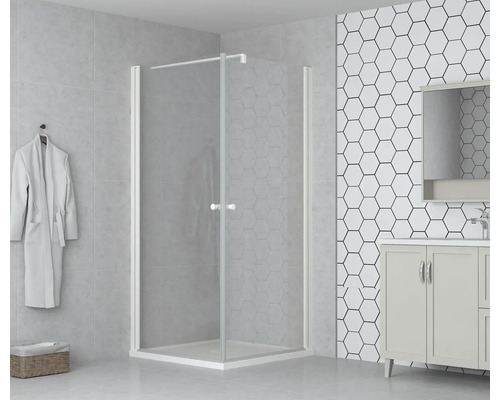 Rohová sprcha s čírymi sklenenými stenami v kúpeľni